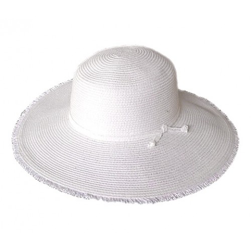 Wide Brim Braided Paper Straw Hat w/ Frill - White - HT-ST255WT